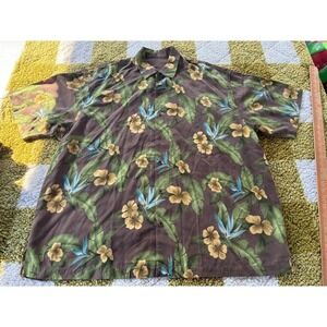 Tommy Bahama Mens XXL Brown Silk‎ Floral Bird of Paradise Tropical Camp Shirt